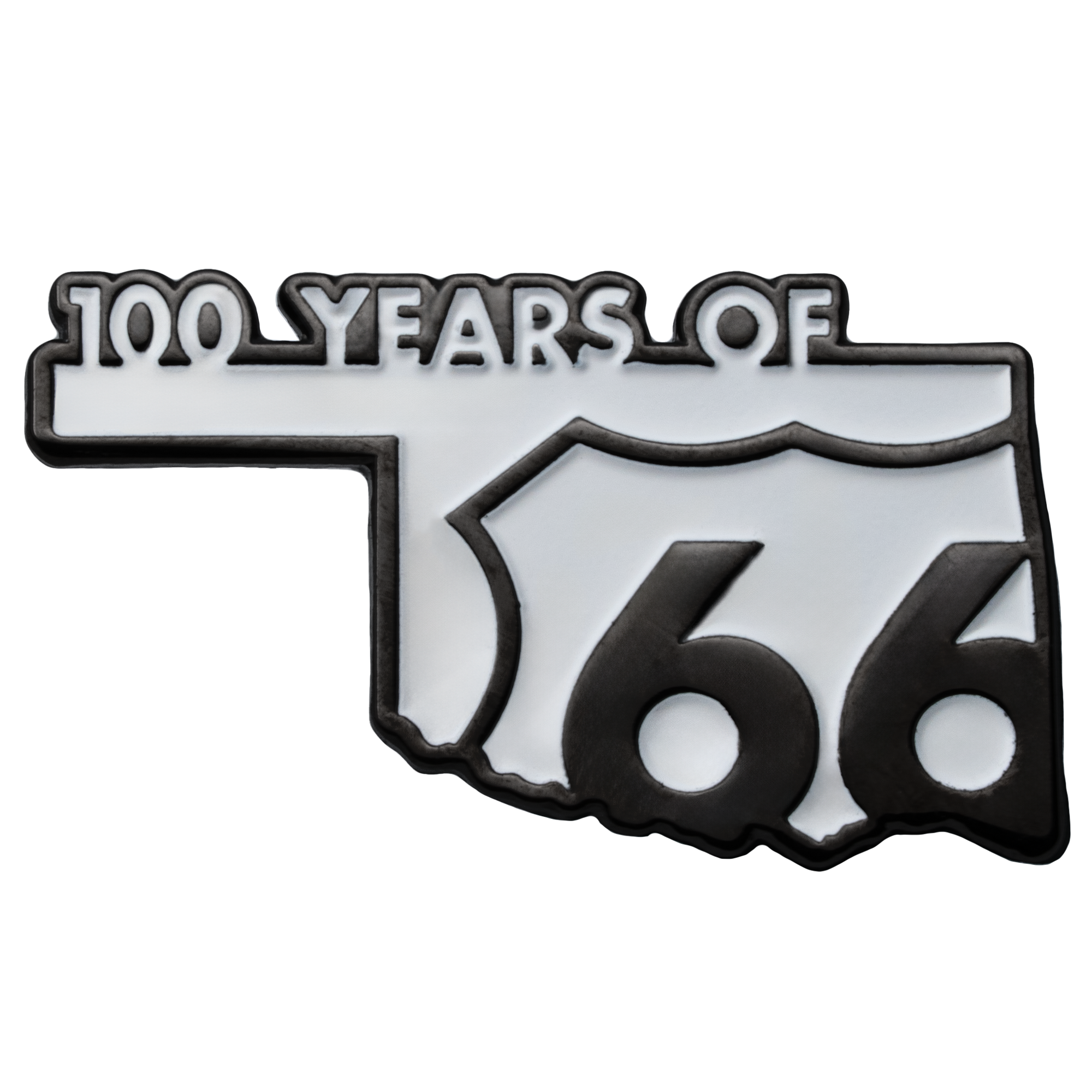 Enamel lapel pin featuring the shape of Oklahoma with the text 100 Years of 66 in white and black.