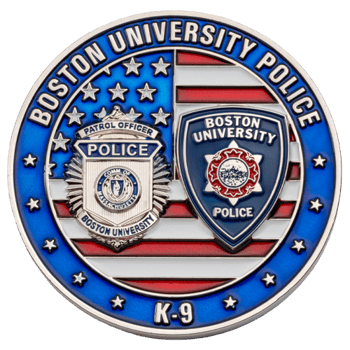 Boston University Police K-9 challenge coin featuring an American flag background with two police badges.