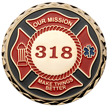 Gold challenge coin featuring a red Maltese cross, the number 318, a fire hydrant, and an EMS Star of Life on a black background.