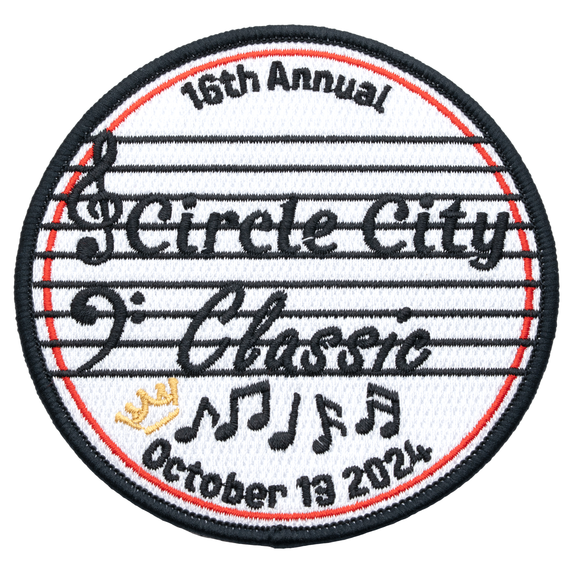Circular embroidered patch for the 16th Annual Circle City Classic featuring music notes and staff lines.
