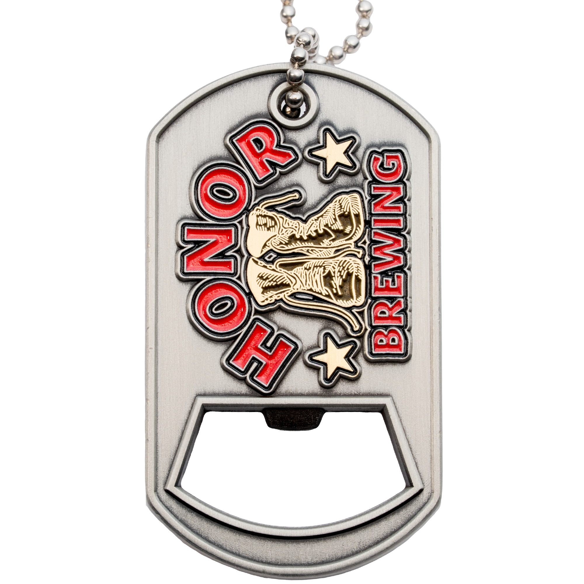 Satin silver dog tag bottle opener with red Honor Brewing text, gold military boots, and stars on a ball chain.