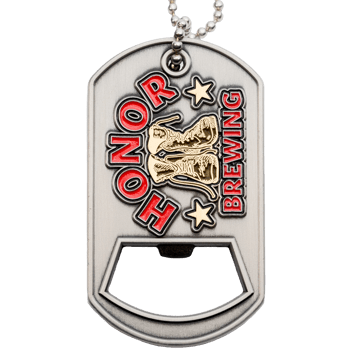 Satin silver dog tag bottle opener with red Honor Brewing text, gold military boots, and stars on a ball chain.