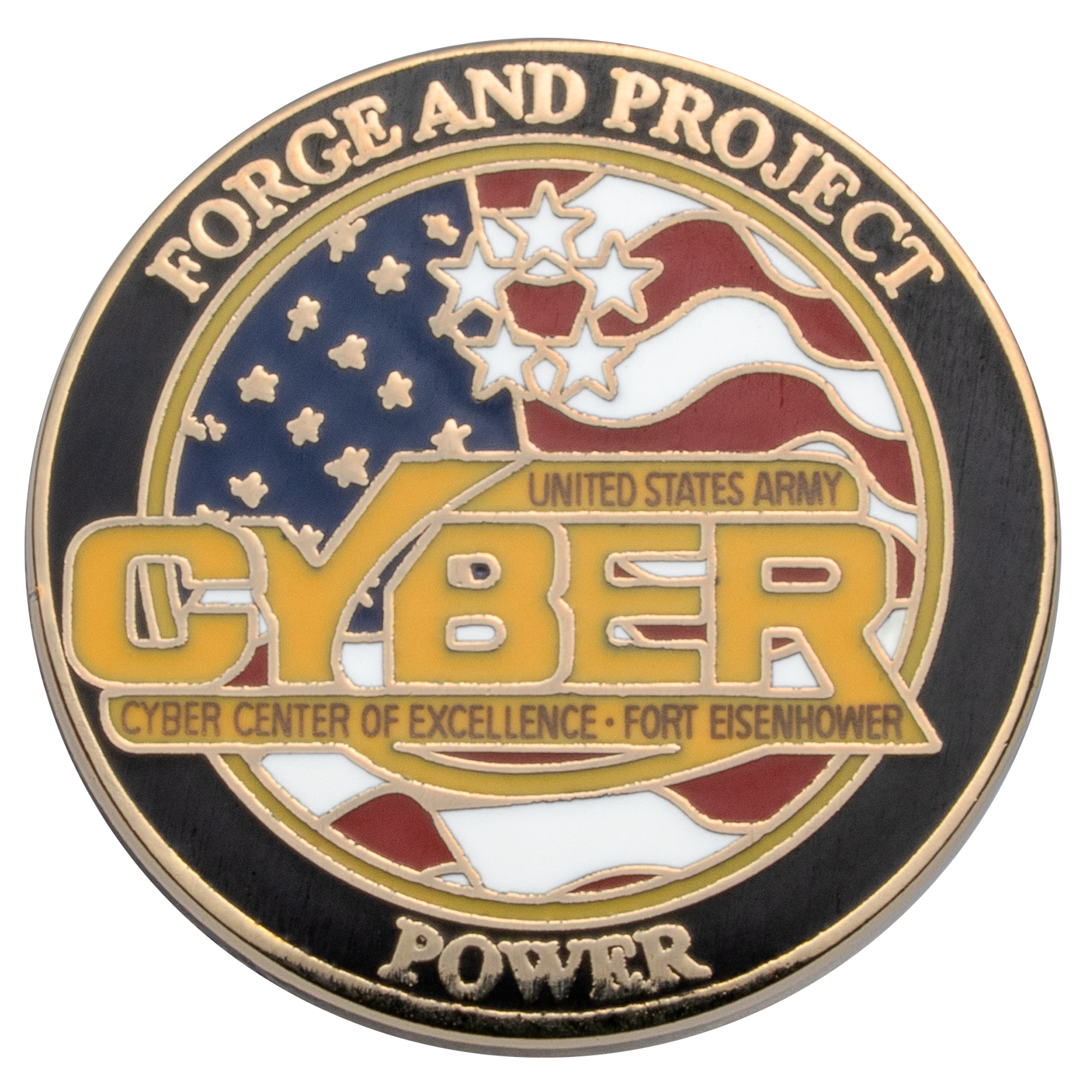 Circular United States Army Cyber challenge coin featuring an American flag background and the text Cyber Center of Excellence Fort Eisenhower.