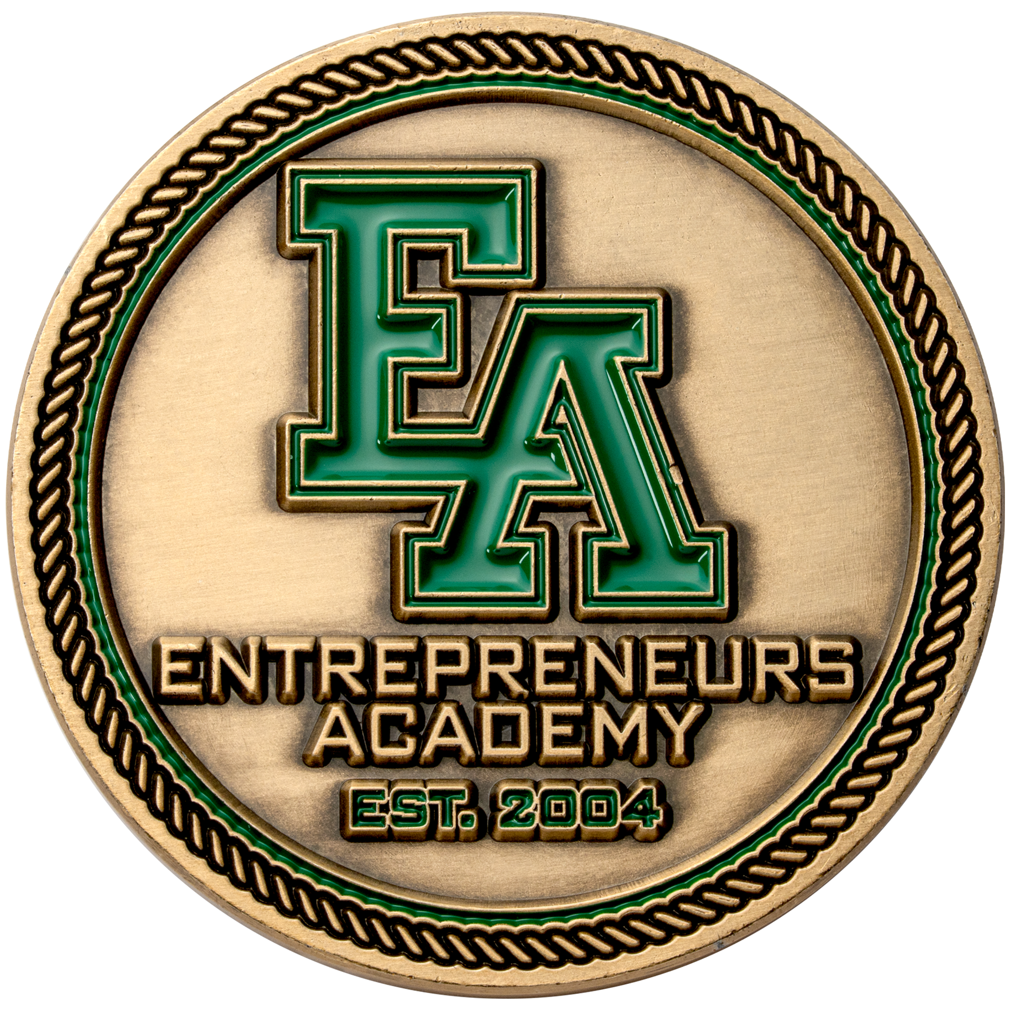 Antique bronze challenge coin for Entrepreneurs Academy featuring a green enamel EA logo and rope border.