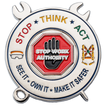 Circular coin with 'Stop Work Authority' in a red stop sign, featuring wrench-shaped edges and colorful safety slogans.