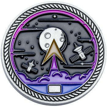 Circular challenge coin featuring a gold delta symbol, moon, and satellites over a purple and blue space background with a rope edge.