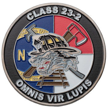 Circular challenge coin featuring a wolf wearing a firefighter helmet, crossed axes, and railroad tracks with Class 23-2 and Omnis Vir Lupis text.