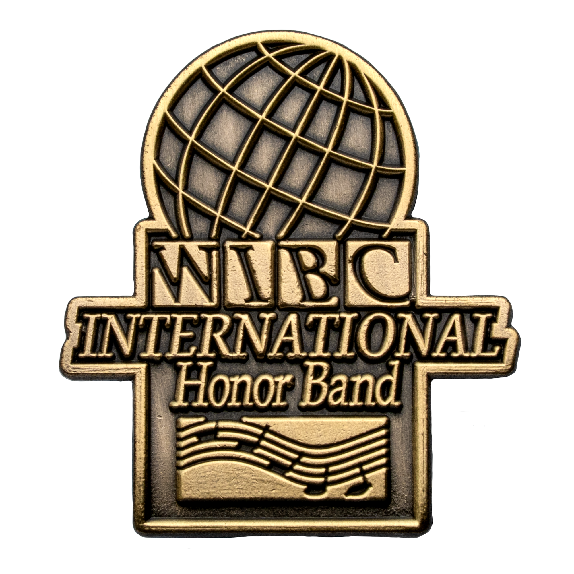 Antiqued gold WIBC International Honor Band lapel pin featuring a globe and musical staff design.