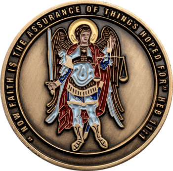 Antique bronze challenge coin featuring an angel holding a sword and scales with the inscription Now Faith Is The Assurance Of Things Hoped For Heb 11:1.