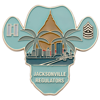 Enamel pin shaped like a cowboy hat with palm trees, a city skyline, military rank insignia, and the text Jacksonville Regulators.