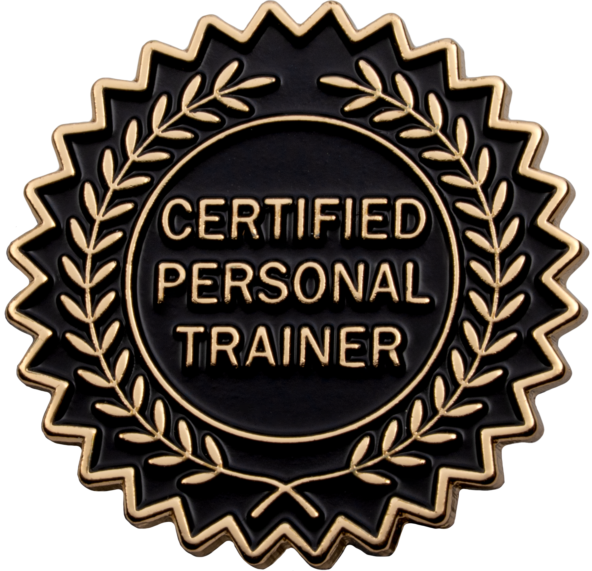 Gold and black lapel pin featuring 'Certified Personal Trainer' text surrounded by a laurel wreath and sunburst edge.
