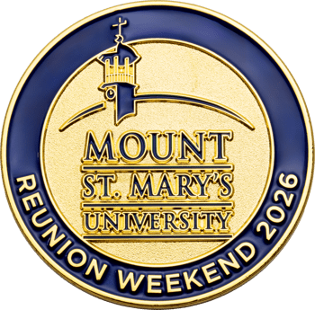 Gold and blue Mount St. Mary's University Reunion Weekend 2026 challenge coin featuring a clock tower emblem.