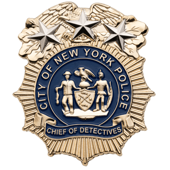 Gold and blue City of New York Police Chief of Detectives shield challenge coin featuring three silver stars and the NYC seal.