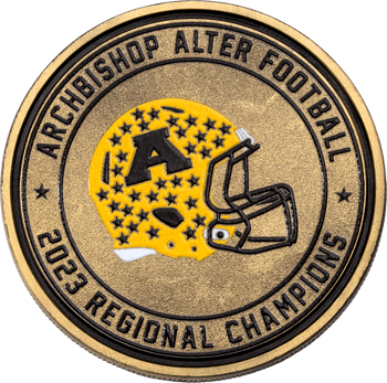 Archbishop Alter Football 2023 Regional Champions challenge coin featuring a yellow football helmet with stars and letter A.