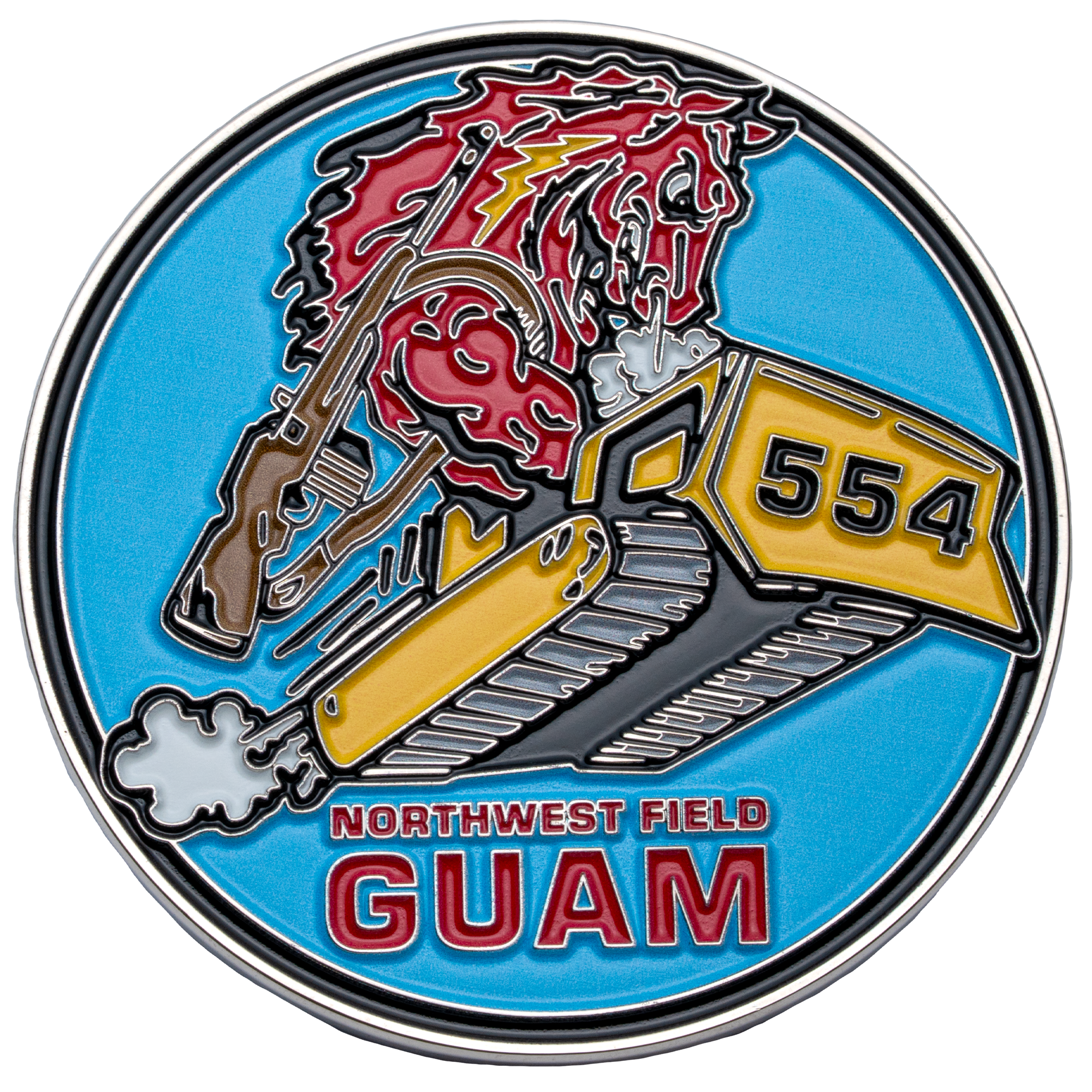 Enamel challenge coin featuring a red horse head, rifle, and bulldozer design with the text Northwest Field Guam 554 on a blue background.
