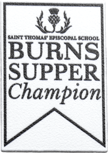 Saint Thomas' Episcopal School Burns Supper Champion custom embroidered patch featuring a thistle emblem.