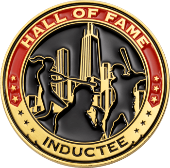 Hall of Fame Inductee challenge coin with gold trim, red outer ring, and black center showing baseball players and city skyline.