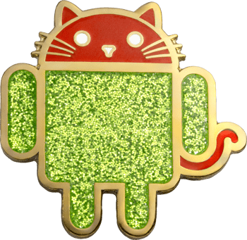 Glitter green Android robot with red cat head enamel lapel pin.