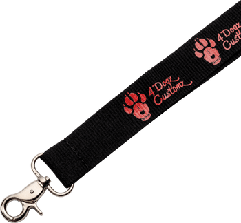 Black custom lanyard with metal swivel hook clasp featuring red paw print graphics and 4 Dogz Customz text.