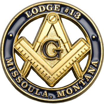 Gold cut-out Masonic challenge coin for Missoula Lodge #13 Montana with square, compasses, and blue enamel border.