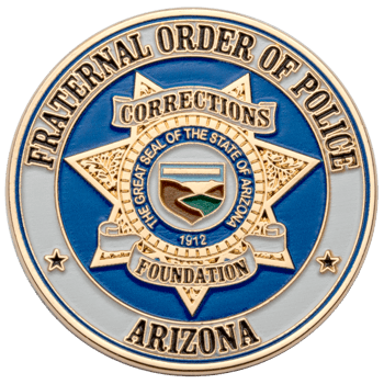 Gold-plated challenge coin for the Fraternal Order of Police Arizona Foundation featuring the Great Seal of the State of Arizona and a seven-pointed star.