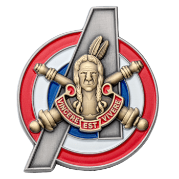Challenge coin featuring a Native American portrait over crossed cannons and a stylized 'A' emblem with red, white, and blue enamel.