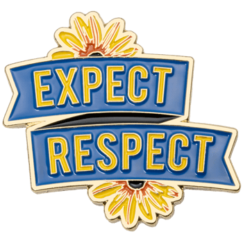 Expect Respect lapel pin featuring yellow sunflowers and blue banners with gold lettering.