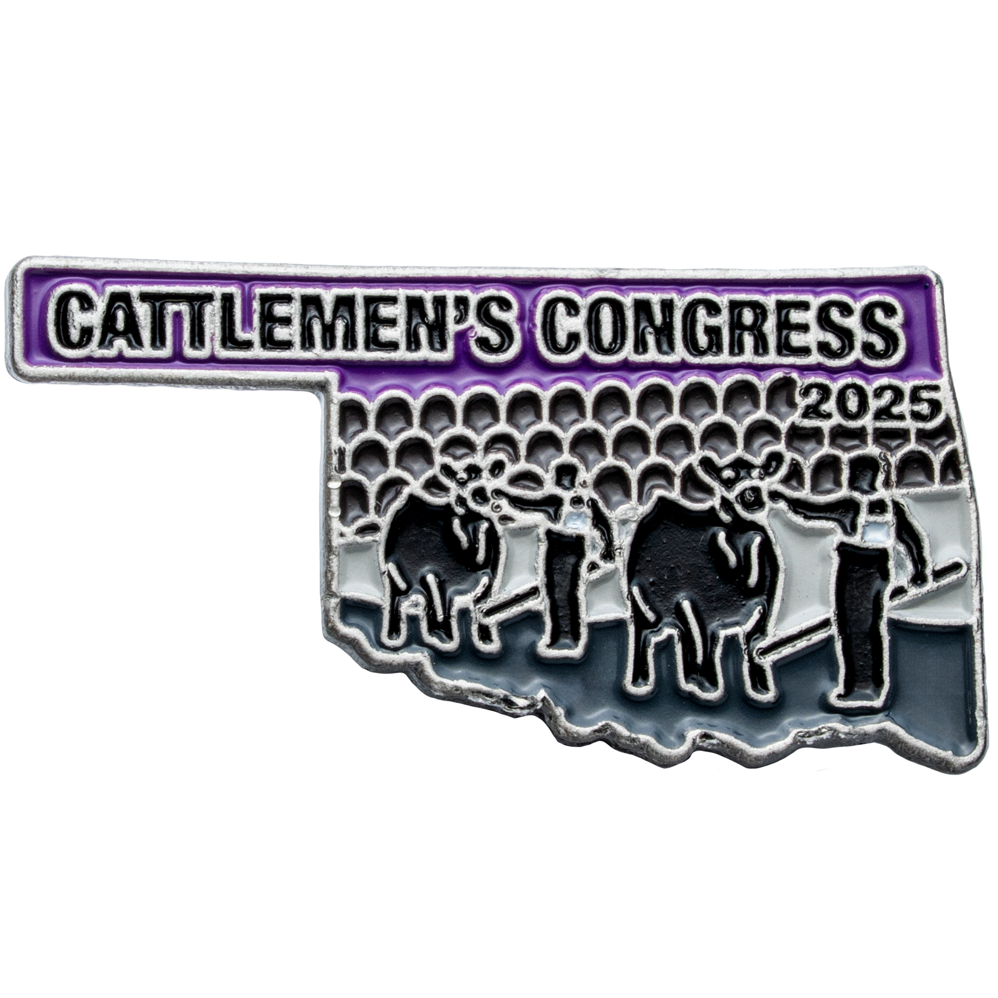 Oklahoma shaped lapel pin featuring Cattlemen's Congress 2025 text with cattle and handler silhouettes on a purple and grey background.