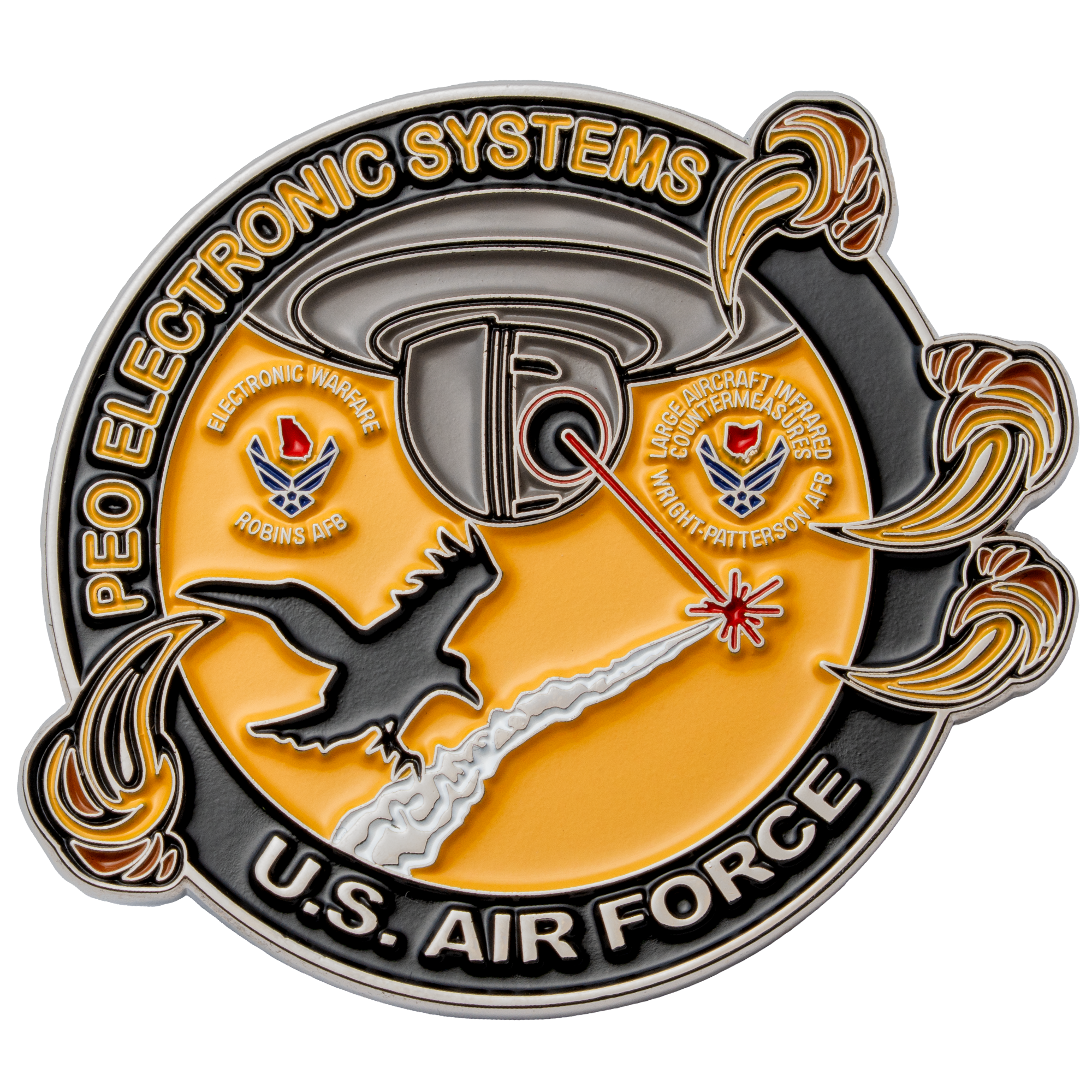 Circular challenge coin for PEO Electronic Systems U.S. Air Force featuring a black bird, laser beam, and orange and black enamel design.
