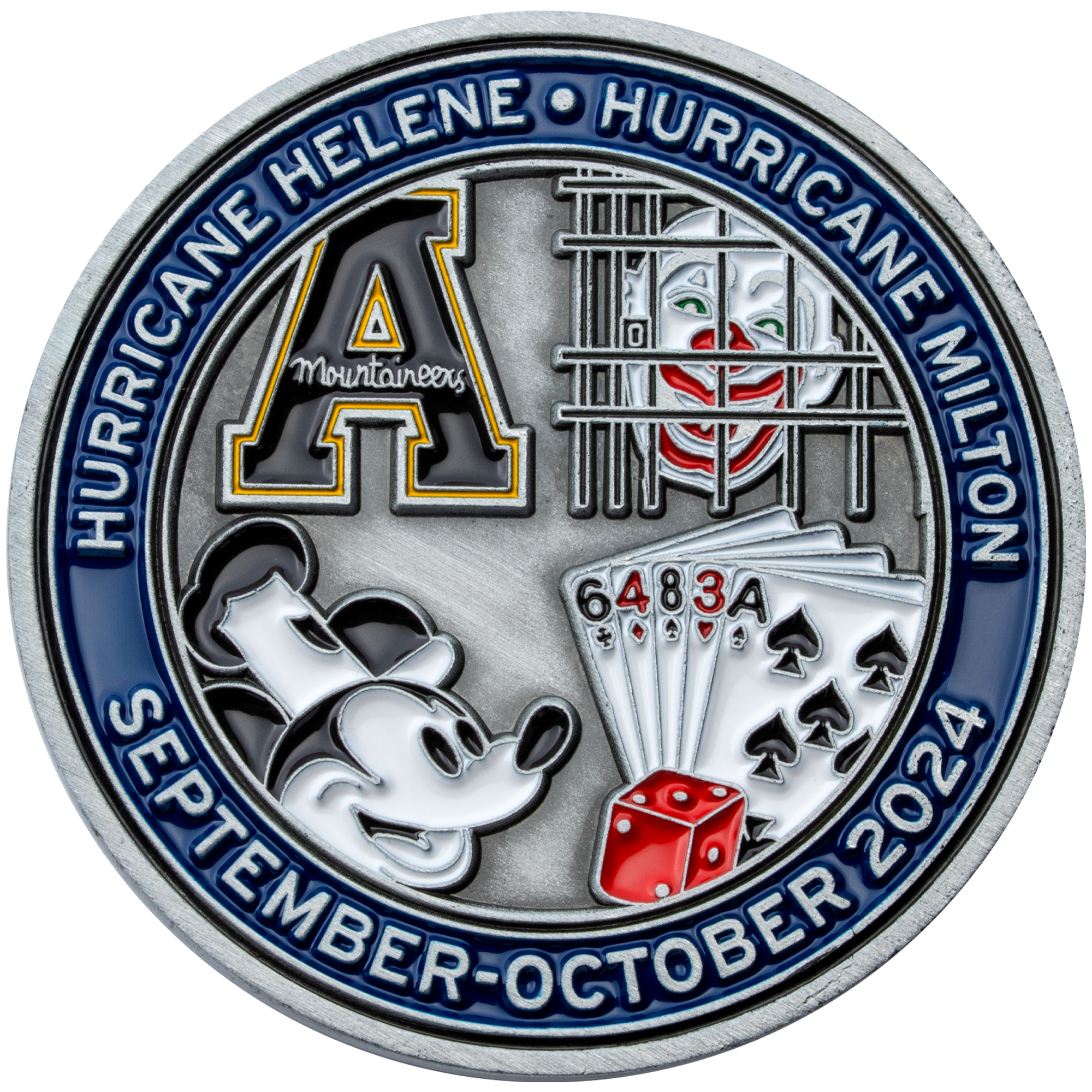 Antique silver challenge coin featuring a block A logo, a clown behind bars, Mickey Mouse, playing cards, and a red die with a blue enamel border.