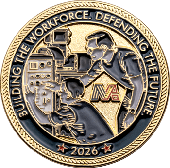 Gold challenge coin featuring two technical workers operating machinery, an NVA logo, and text reading Building The Workforce. Defending The Future. 2026.