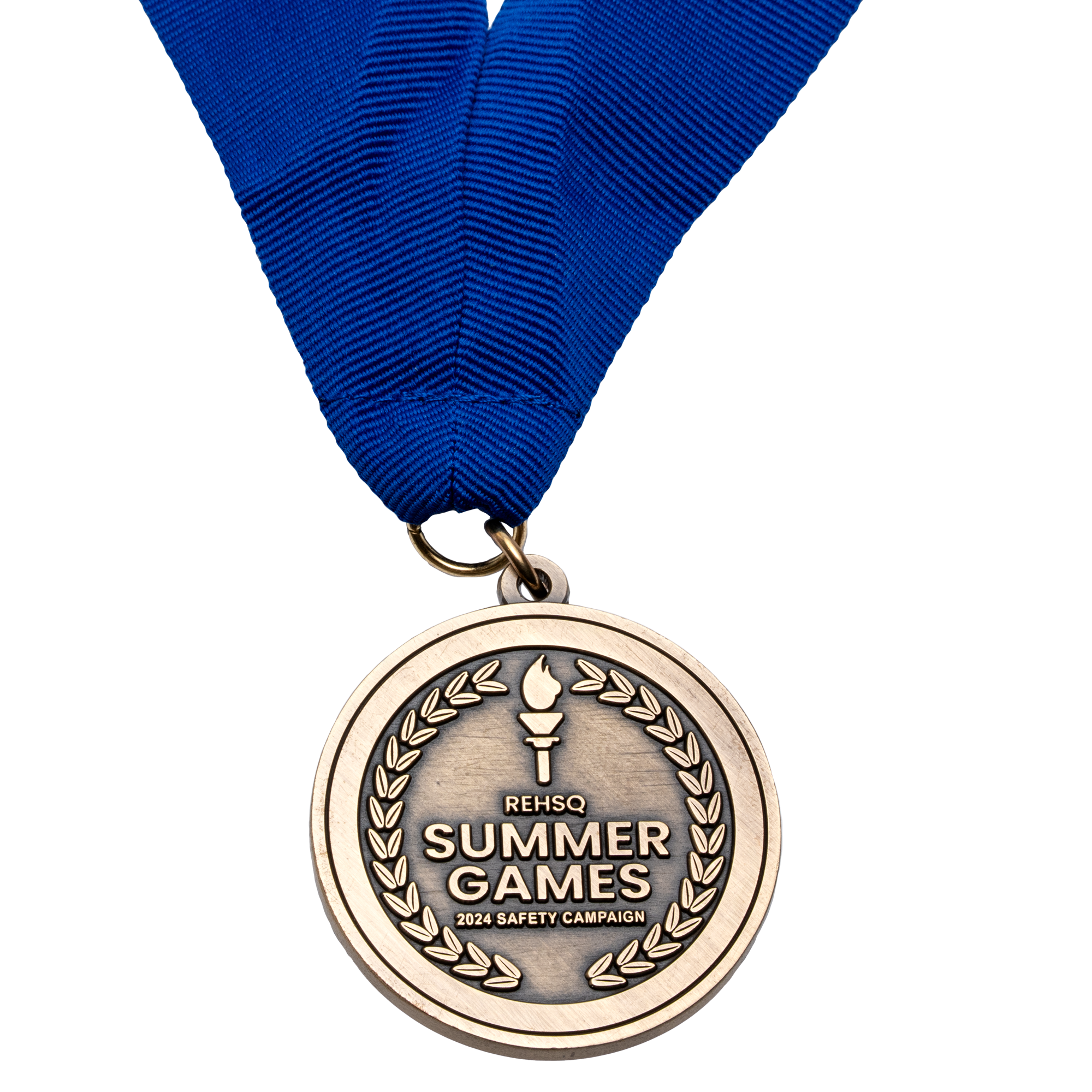 Antiqued gold medal with a blue ribbon featuring the REHSQ Summer Games 2024 Safety Campaign logo, torch icon, and laurel wreath.