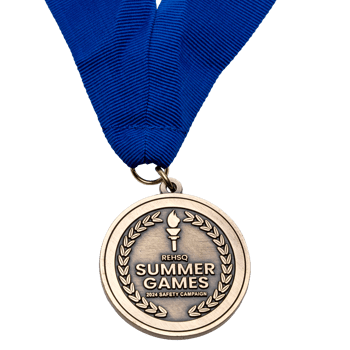 Antiqued gold medal with a blue ribbon featuring the REHSQ Summer Games 2024 Safety Campaign logo, torch icon, and laurel wreath.