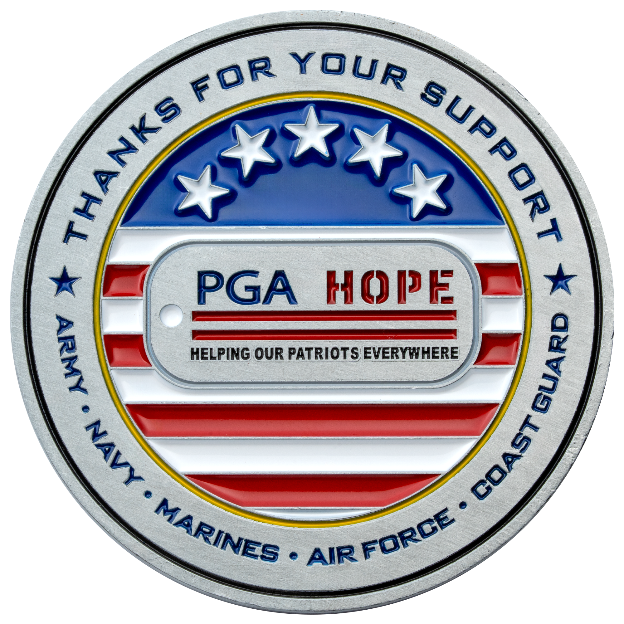 Circular challenge coin featuring PGA HOPE logo with red, white, and blue stars and stripes, honoring military branches.