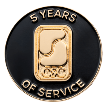 Gold and black enamel lapel pin featuring the CSC logo and '5 Years of Service' text.