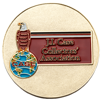 Gold challenge coin featuring the J.I. Case Collectors' Association logo with an eagle perched on a globe.