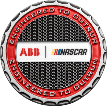 ABB NASCAR challenge coin featuring a mesh background and a red outer border reading Engineered to Outrun.
