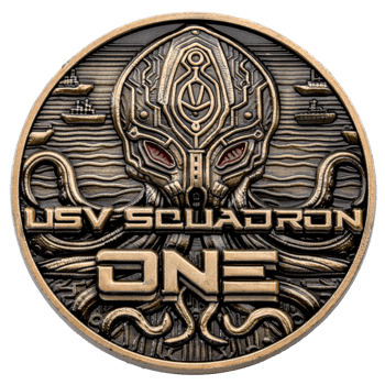 Antique bronze challenge coin featuring a robotic kraken design with red eyes and naval ships for USV Squadron One.