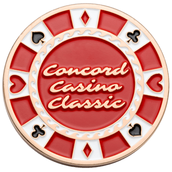 Red and white poker chip style challenge coin featuring Concord Casino Classic text and card suit symbols.