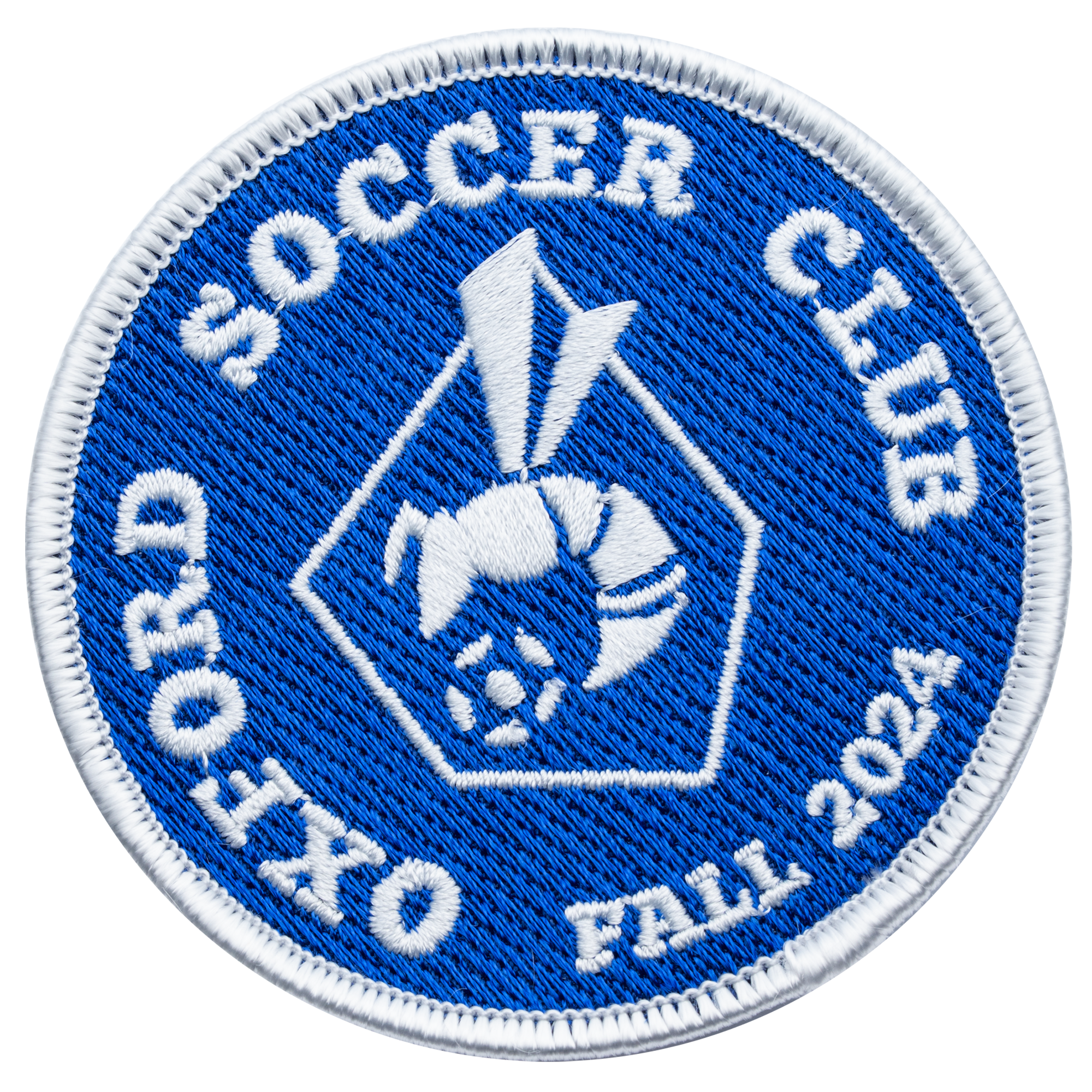 Circular embroidered patch for Oxford Soccer Club Fall 2024 featuring a white hornet and soccer ball on a blue background with a white border.