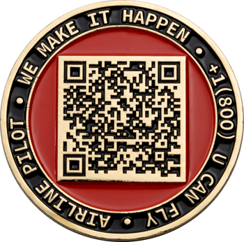 Custom challenge coin featuring a QR code in the center with a red background and black outer border reading Airline Pilot.