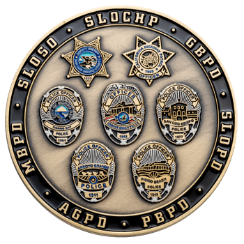 Antique gold challenge coin featuring seven different California law enforcement badges and agency acronyms on a black outer ring.