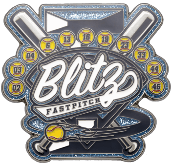 Custom softball lapel pin featuring Blitz Fastpitch text, crossed bats, glitter border, and numbered softballs.