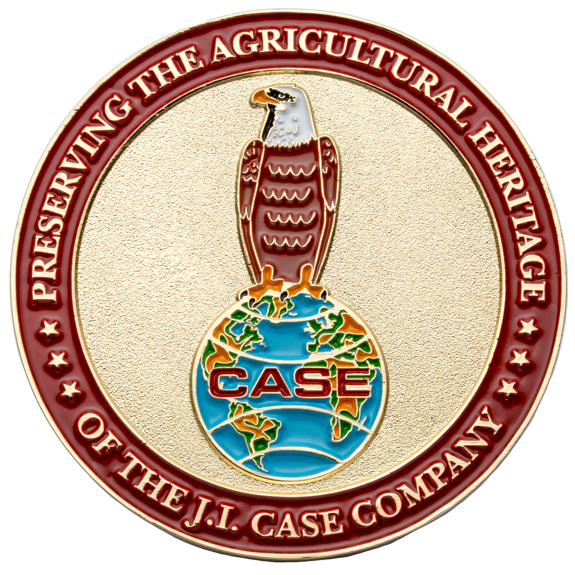 Gold and red challenge coin featuring a bald eagle perched on a globe with CASE text and Agricultural Heritage lettering.