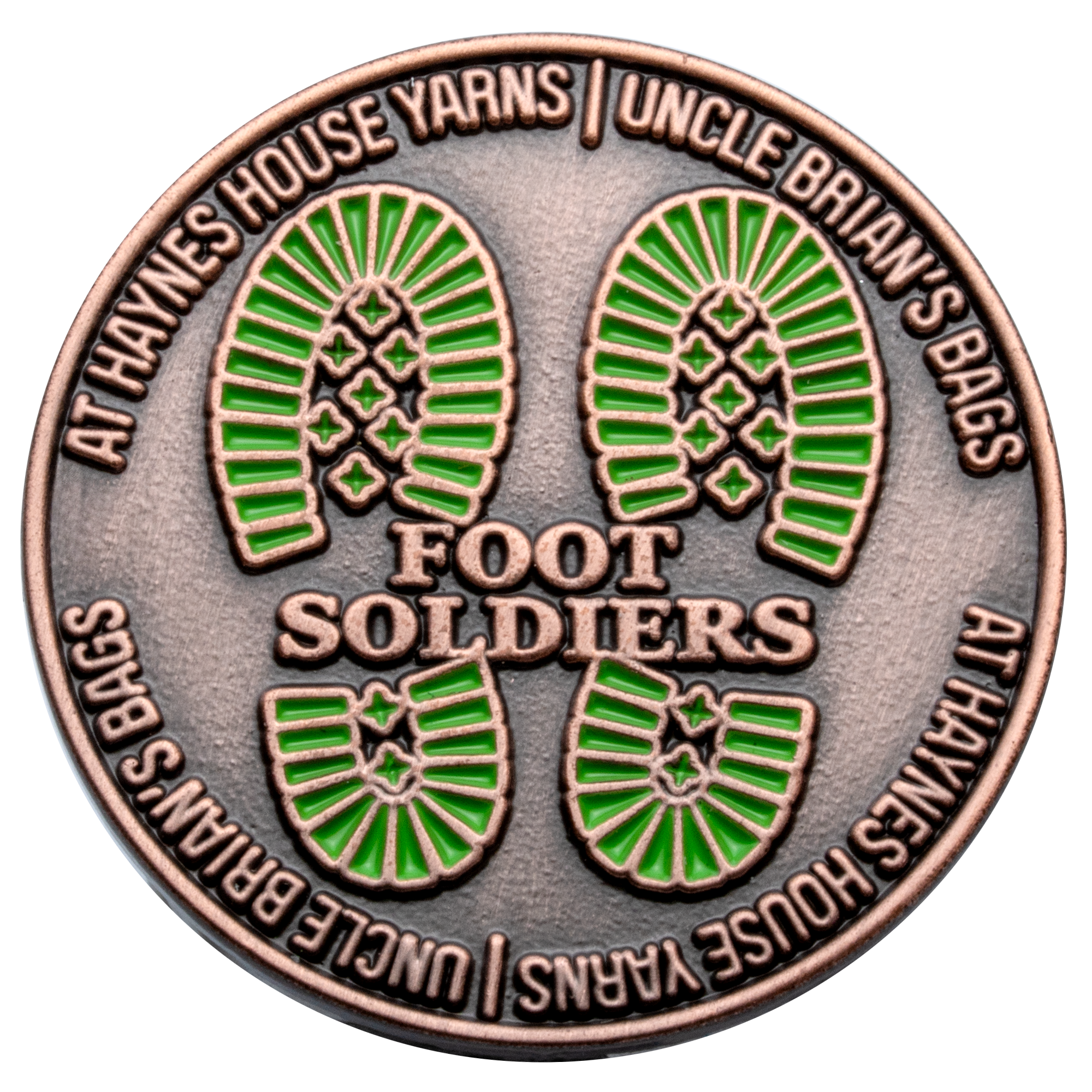 Antique copper challenge coin featuring green boot print icons and the text Foot Soldiers, Haynes House Yarns, and Uncle Brian's Bags.