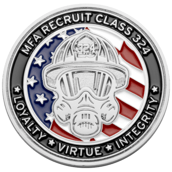 Challenge coin featuring a firefighter in a gas mask and helmet over a red, white, and blue flag background with MFA Recruit Class 324 text.