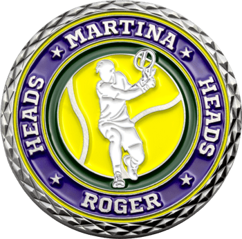 Custom tennis challenge coin featuring a tennis player on a yellow tennis ball background with Martina Roger and Heads text.