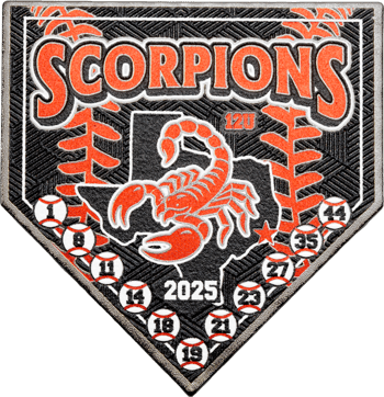 Home plate shaped baseball lapel pin featuring the text SCORPIONS, a central orange scorpion over a Texas map, baseball seams, and numbered baseballs.