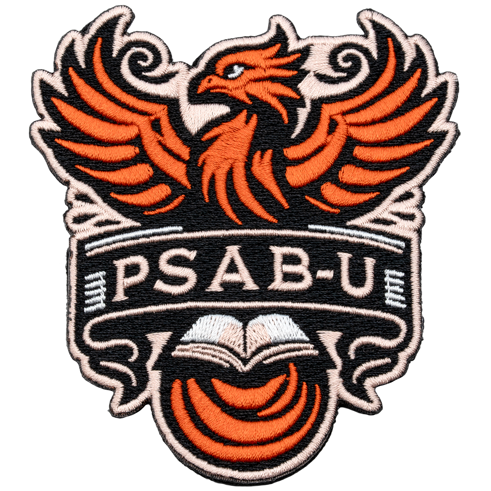 Embroidered patch featuring an orange and black phoenix above an open book with the text PSAB-U.