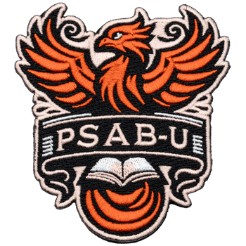Embroidered patch featuring an orange and black phoenix above an open book with the text PSAB-U.